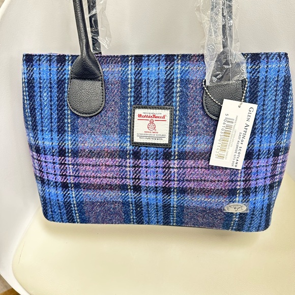 Glen Appin Harris Tweed Blue Plaid Wool Tote Bag NWT Scotland - Picture 2 of 6